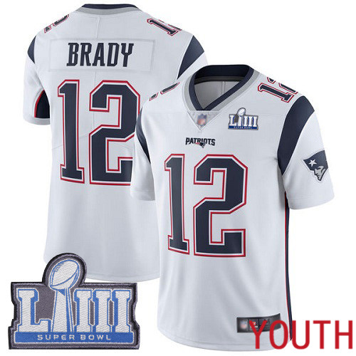 New England Patriots Football #12 Super Bowl LIII Bound Vapor Limited White Youth Tom Brady Road NFL Jersey